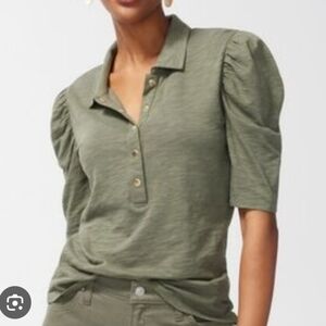 Chico's Olive Gold Tone Snaps Puff Sleeve Slub Material Top Size S
